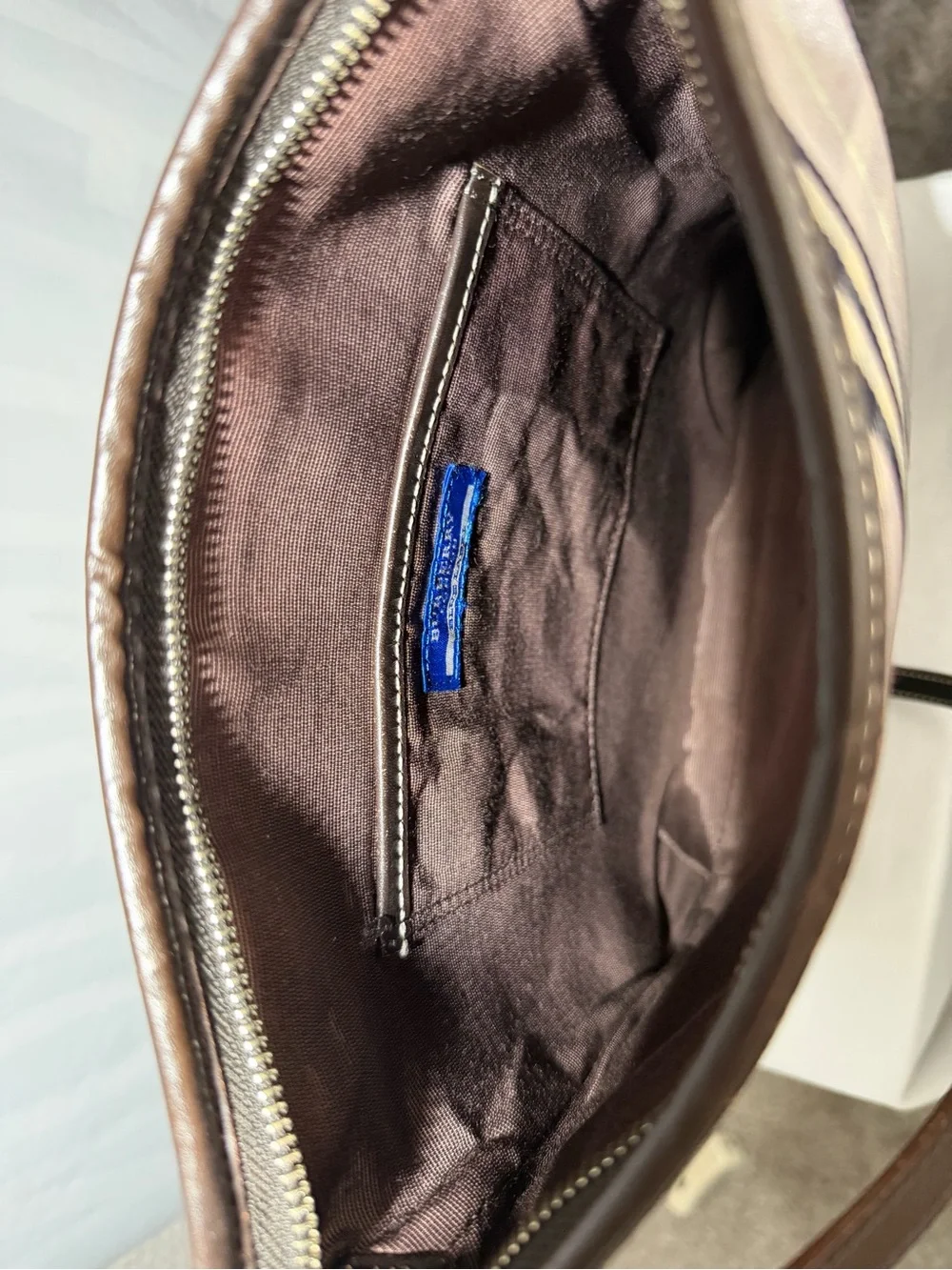 Burberry Gray & Black Plaid Canvas Messenger Bag with Blue Stripe & Brown Trim